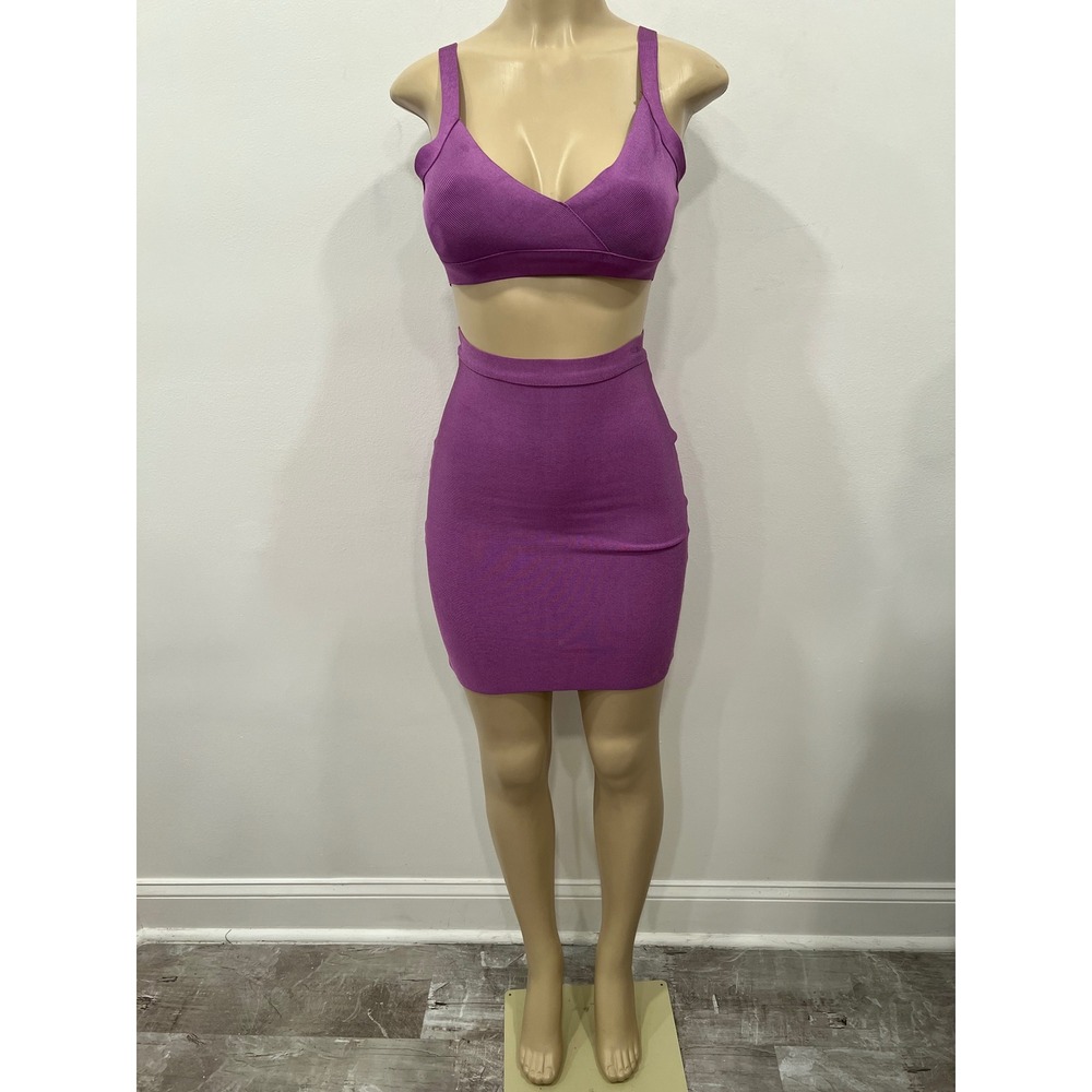 Womens Bandage Skirt Top Set Size Small Purple Crop top Bodycon Back Zipper Club